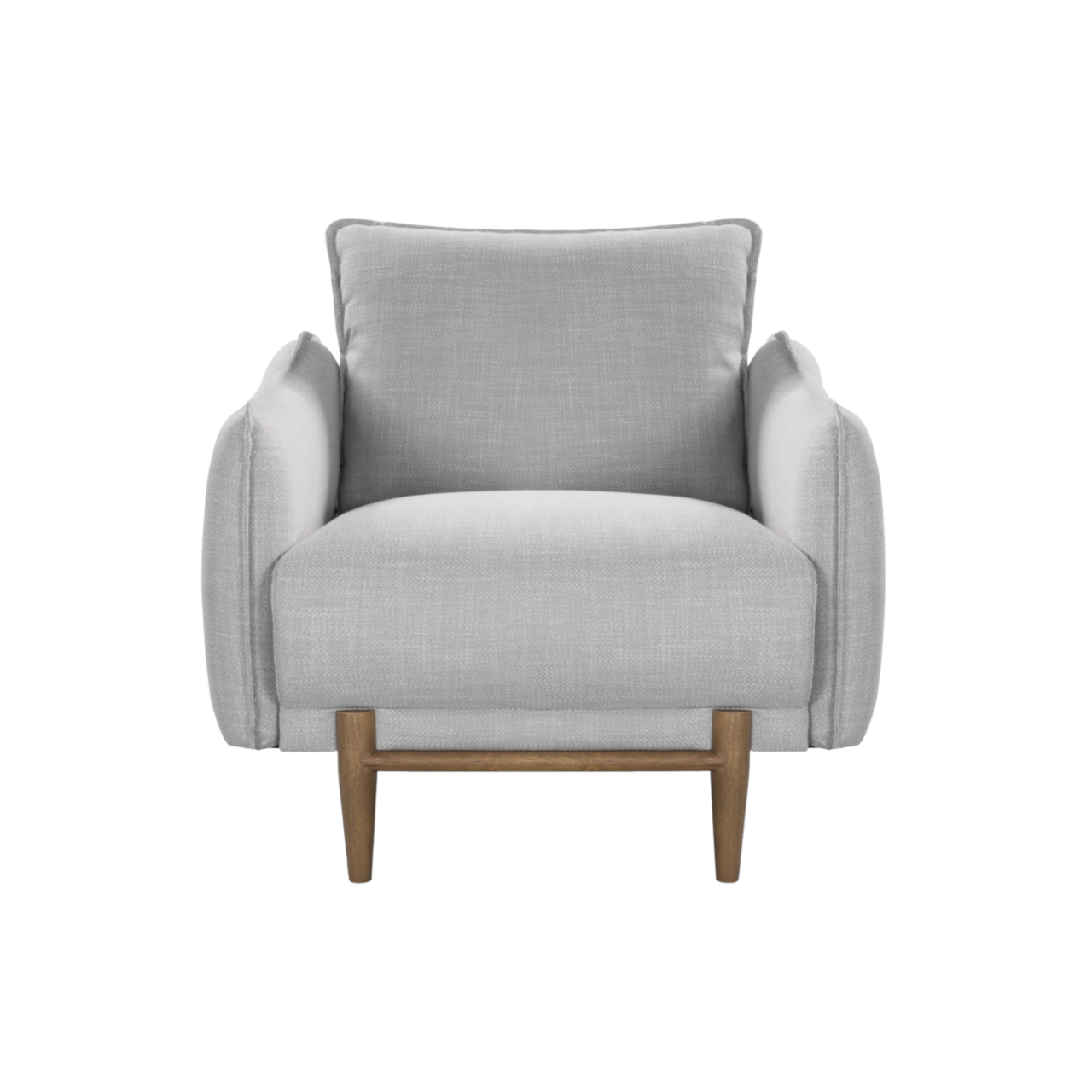 LOUIE CHAIR has an ash grey frame and rounded arms with silver grey linen fabric