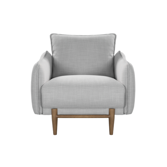 LOUIE CHAIR has an ash grey frame and rounded arms with silver grey linen fabric