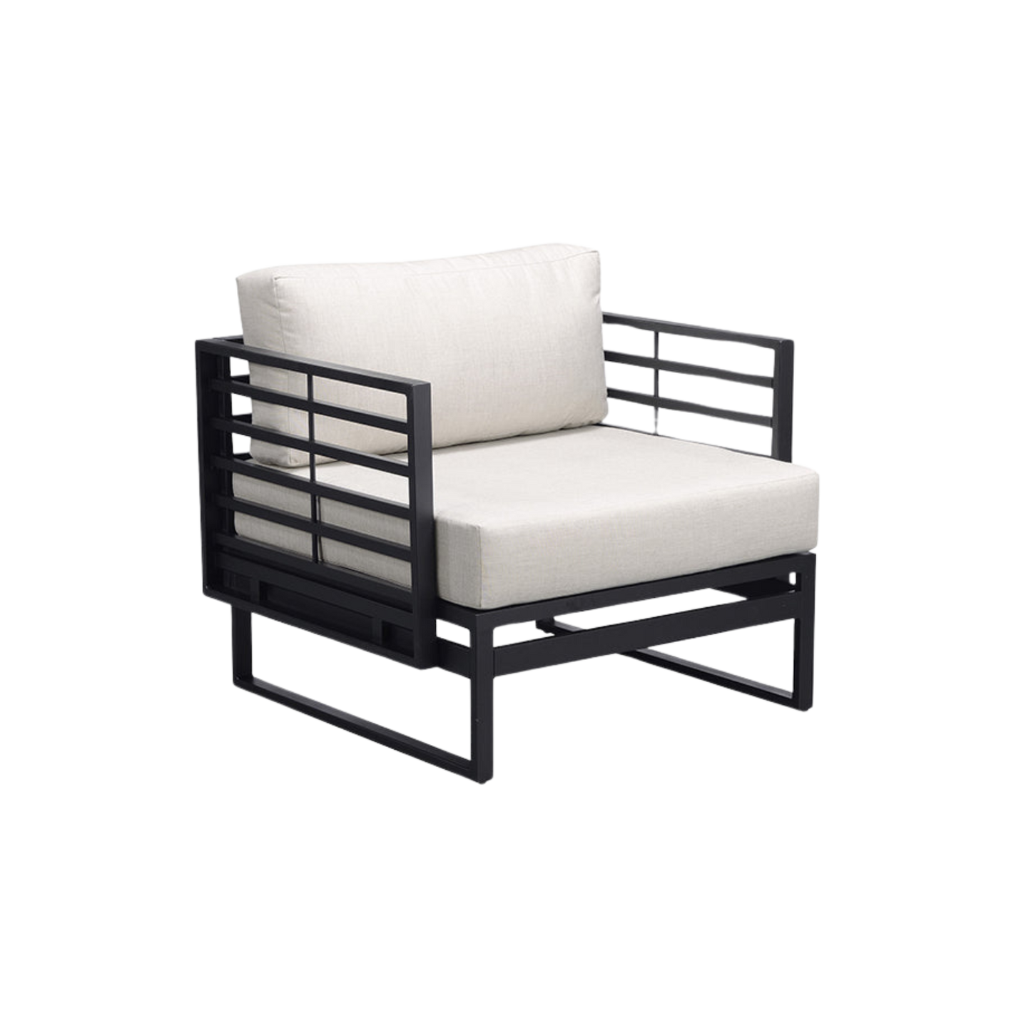 Armless sofa upholstered in fabric and aluminium powder coating.