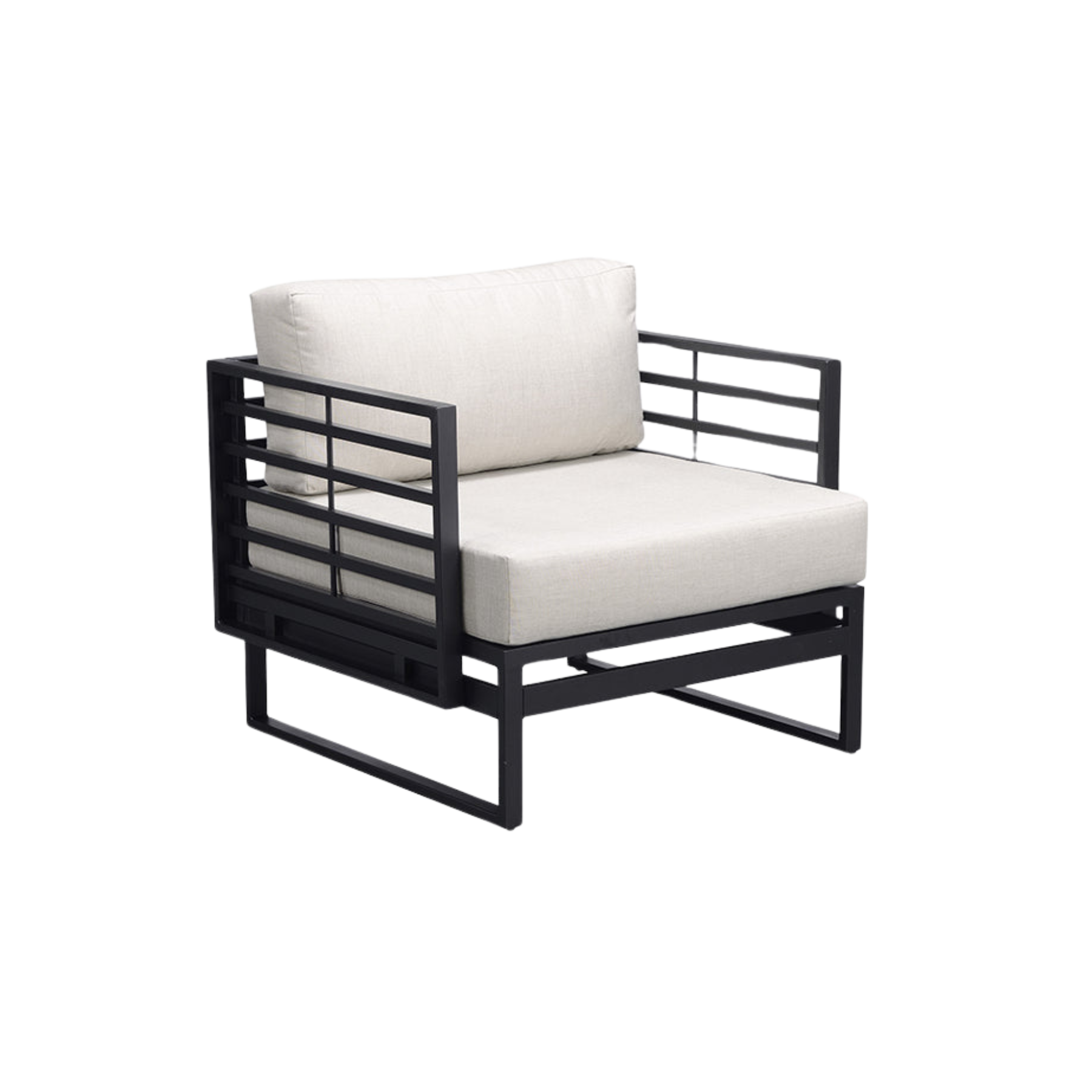 Armless sofa upholstered in fabric and aluminium powder coating.