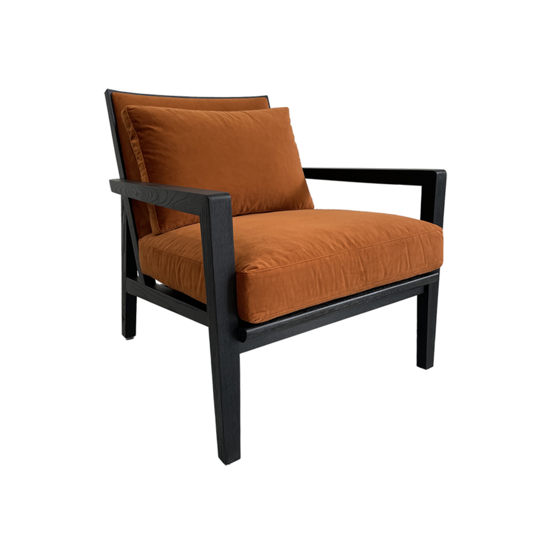 Armchair upholstered in orange fabric and fitted with a wenge finish wood frame.