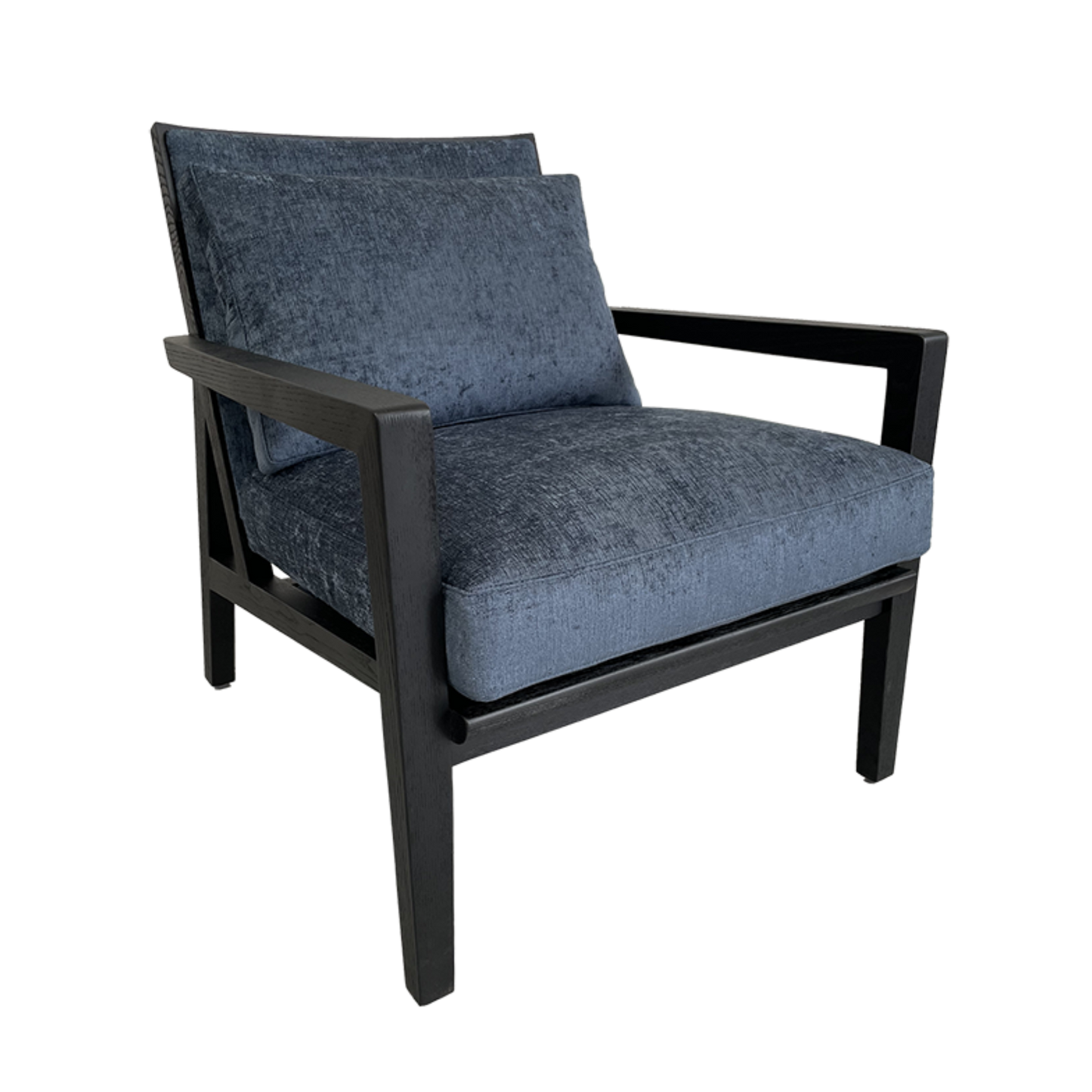 Armchair upholstered in&nbsp;midnight blue&nbsp;fabric and fitted with a wenge finish wood frame.