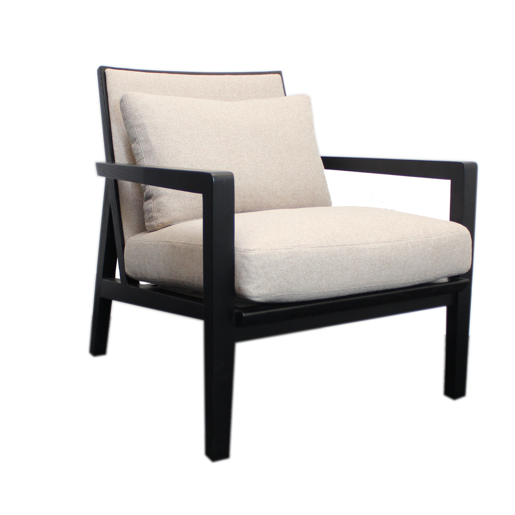 Armchair upholstered in a biscuit fabric with a wenge finish wood frame and legs.