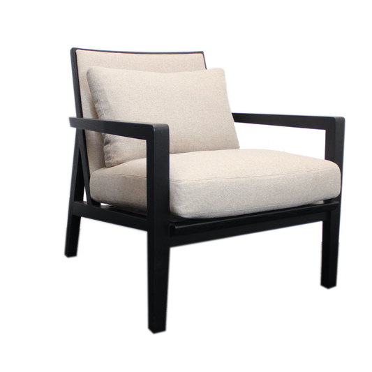 Armchair upholstered in a biscuit fabric with a wenge finish wood frame and legs.