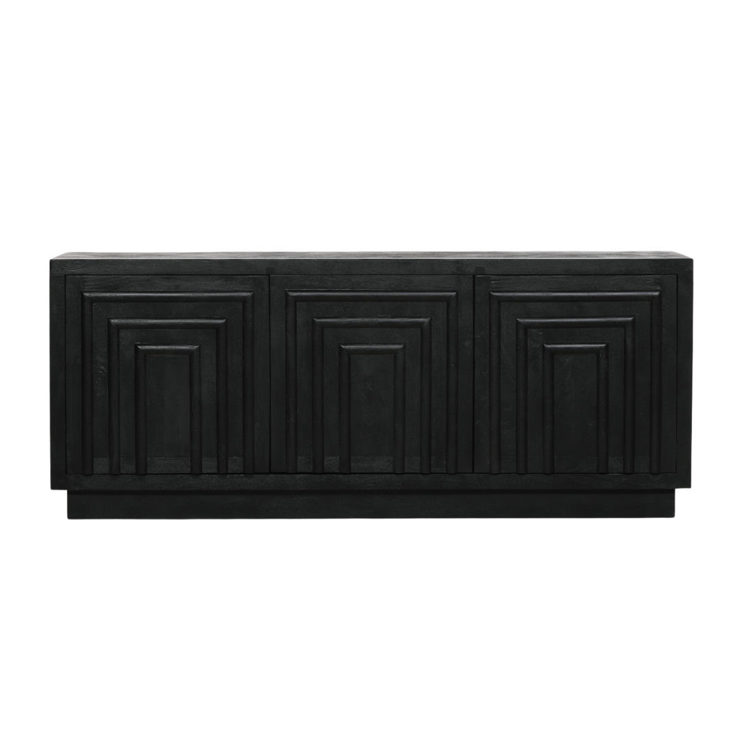 Black three-door sideboard with a contemporary front design and push spring loaded doors featuring internal shelves.