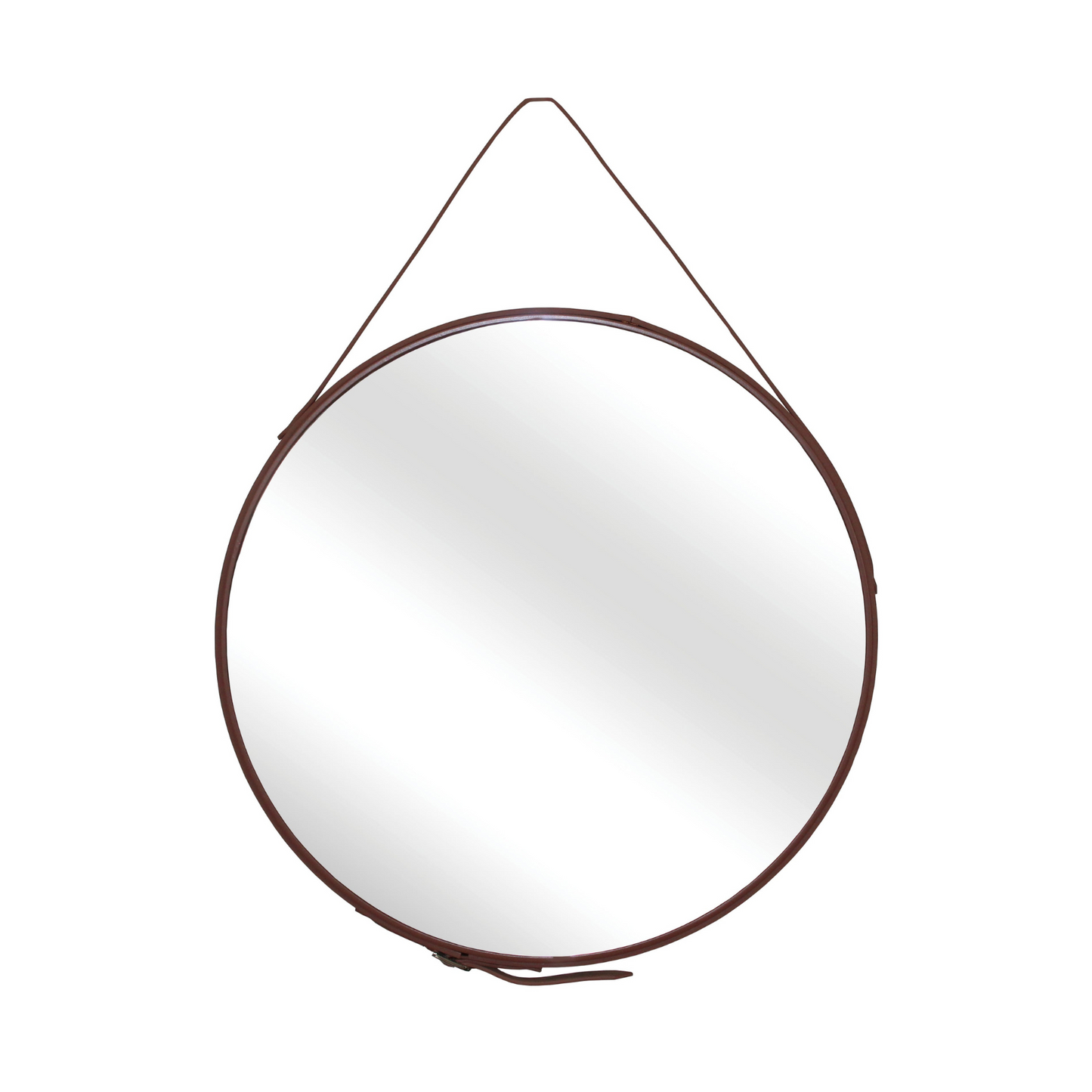 Round mirror with a brown leather strap with a brown finish.