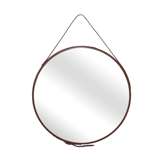 Round mirror with a brown leather strap with a brown finish.