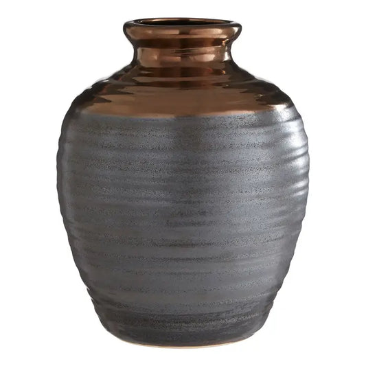 Zamak Large Barrel Vase -Large ceramic barrel vase with warm metallic detail around the neck