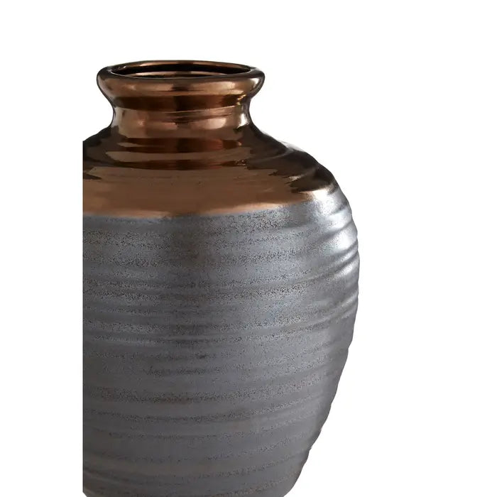 Zamak Large Barrel Vase -Close up of Large ceramic barrel vase with warm metallic detail around the neck