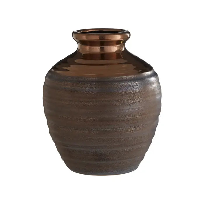 Zamak small ceramic vase - Small ceramic barrel vase with rustic look and metallic detail around the neck