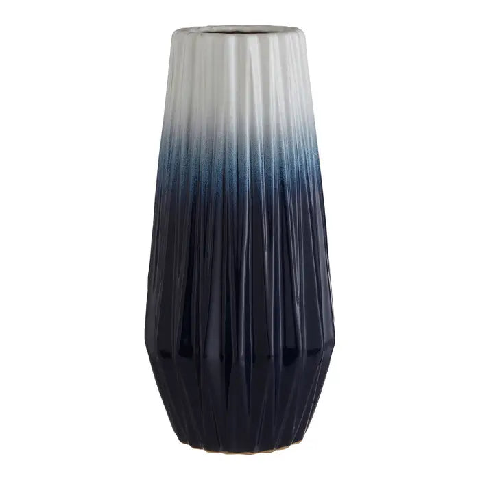 The AZUL large ceramic vase, featuring blue and white finish ridges