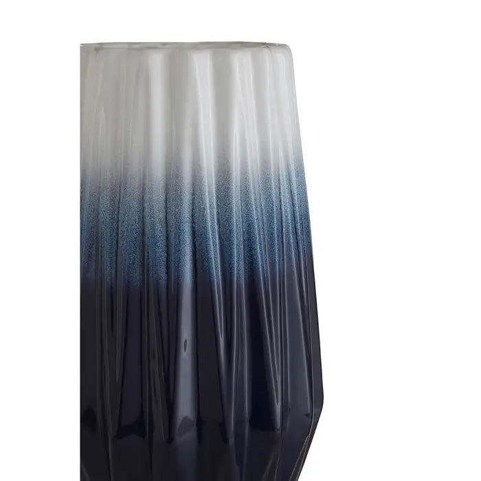 Close up view -The AZUL large ceramic vase, featuring blue and white finish ridges