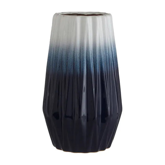 Azul Small Vase - Small Ceramic vase with blue and white finish ridges