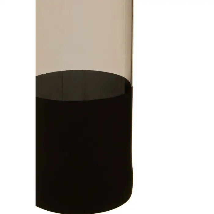 Close up- The COVA bottleneck vase with a smoked glass top and matt black base forming a two tonal contrast