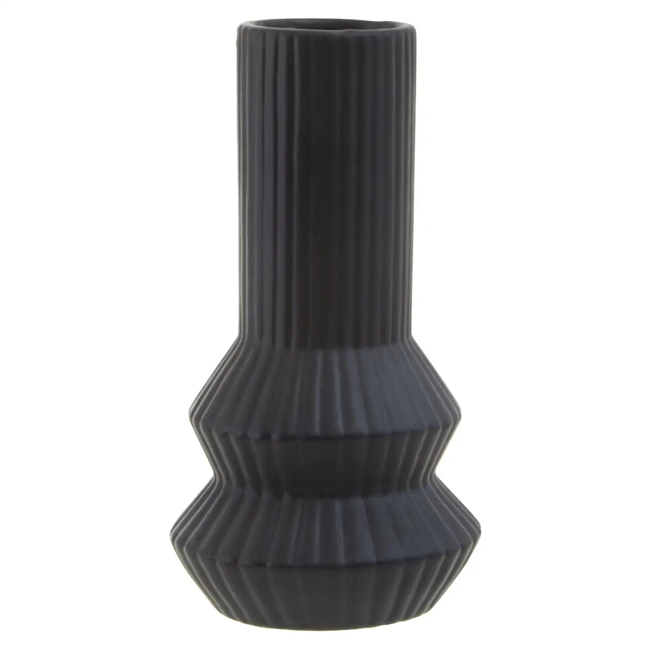 Fabia Black Vase - modern geometric ceramic vase with a stylish matte black finish and grooved edges 