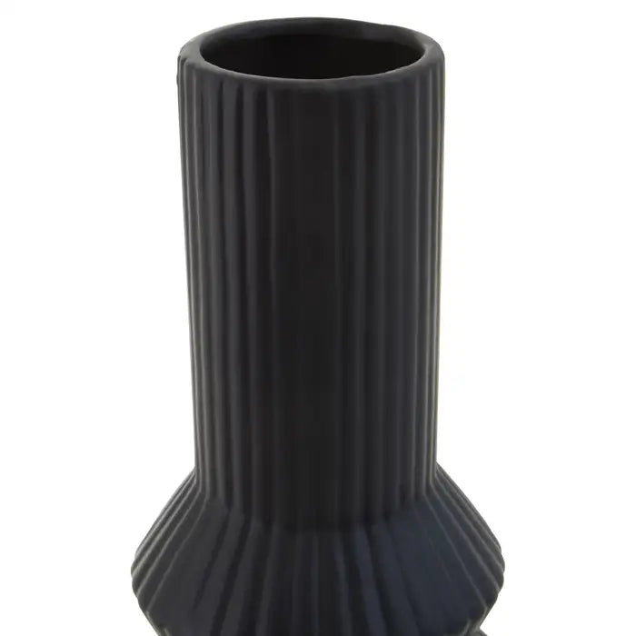 Fabia Black Vase - modern geometric ceramic vase with a stylish matte black finish and grooved edges 