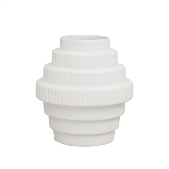 Fabia White Small Vase - geometric clean lined vase has medium sized rim openings. It is made from ceramic and finished in a white shade.