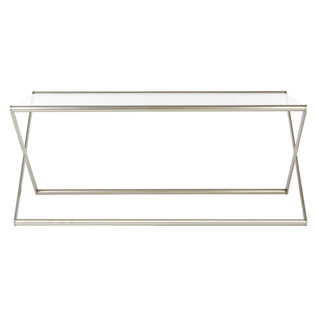 Roma Coffee Table - metal nickel finish cross design frame with tempered glass top coffee table