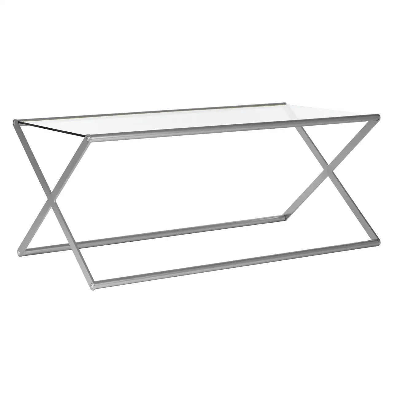 Roma Coffee Table - metal nickel finish cross design frame with tempered glass top coffee table