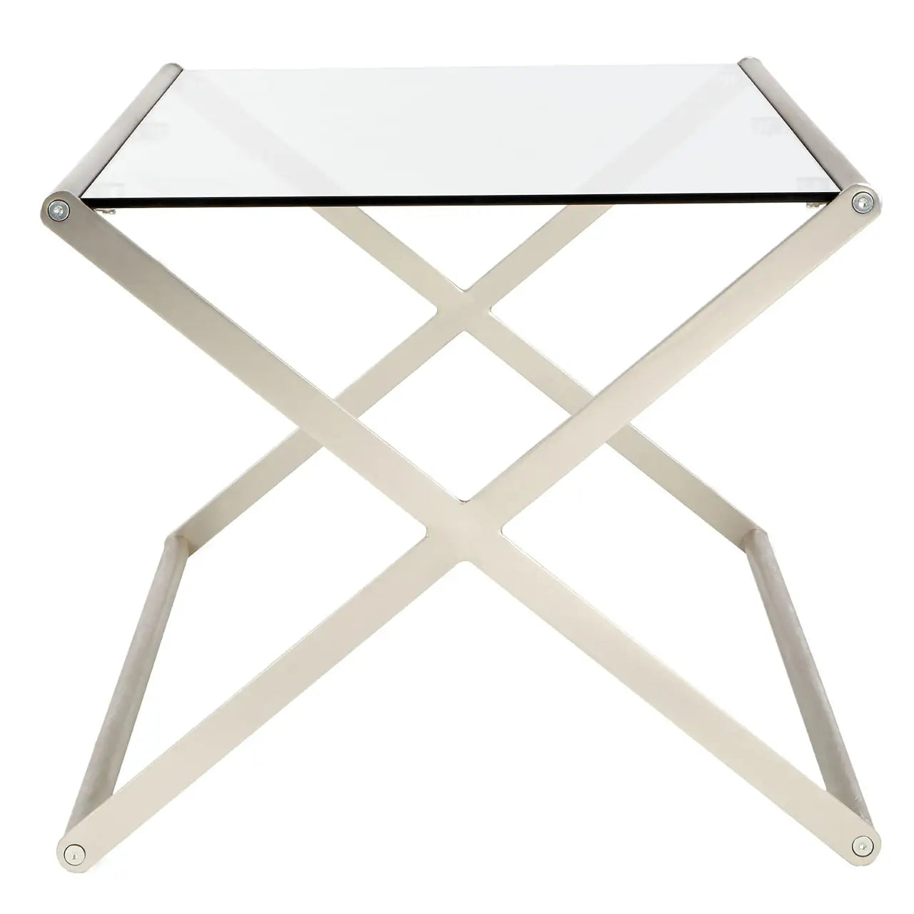 Side View- Roma Coffee Table - metal nickel finish cross design frame with tempered glass top coffee table