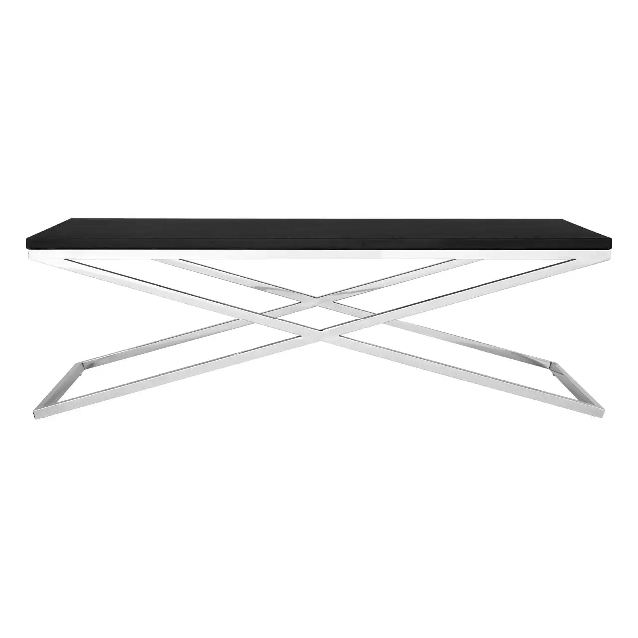 The Tribute Coffee table with black table top and stainless steel criss-crosed legs