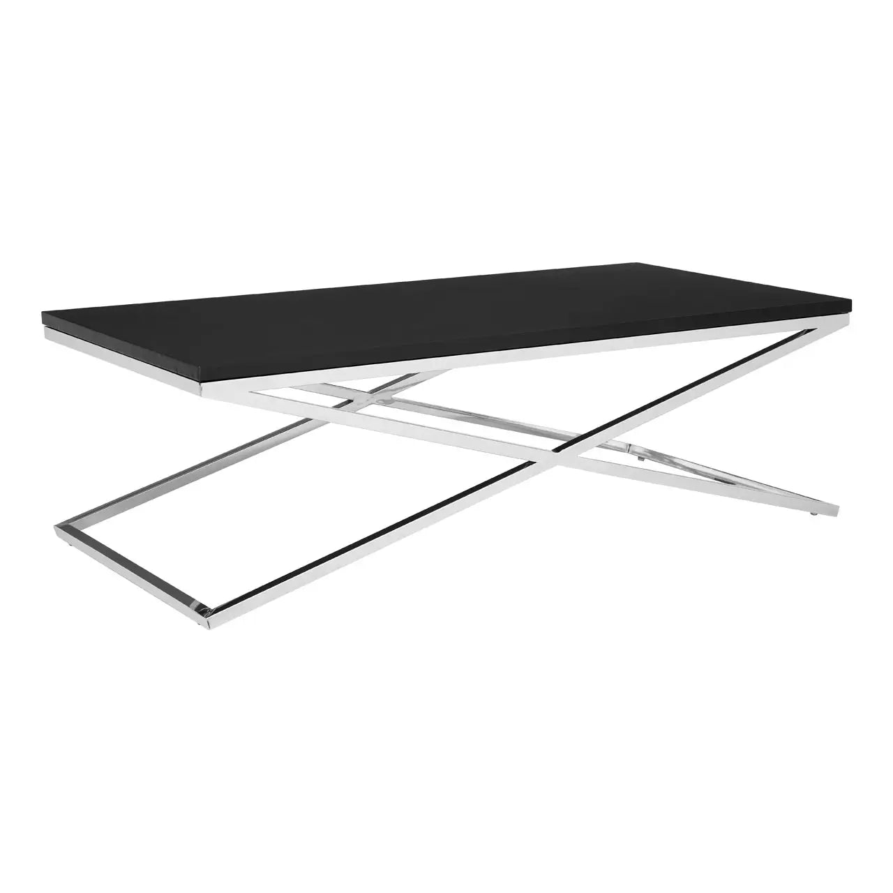 The Tribute Coffee table with black table top and stainless steel criss-crosed legs