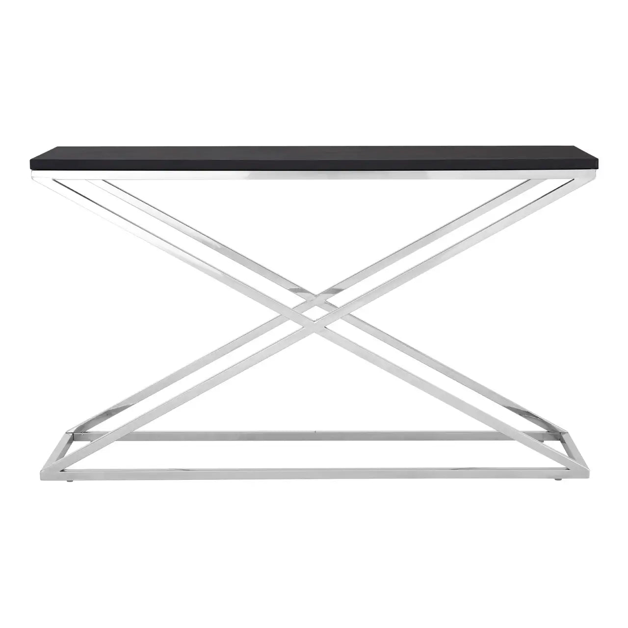 The Tribute black console table - crisscrossed stainless steel legs and black leather look plastic top