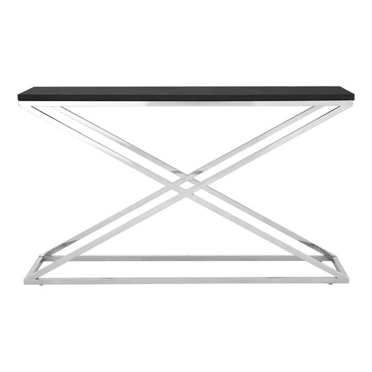 The Tribute black console table - crisscrossed stainless steel legs and black leather look plastic top