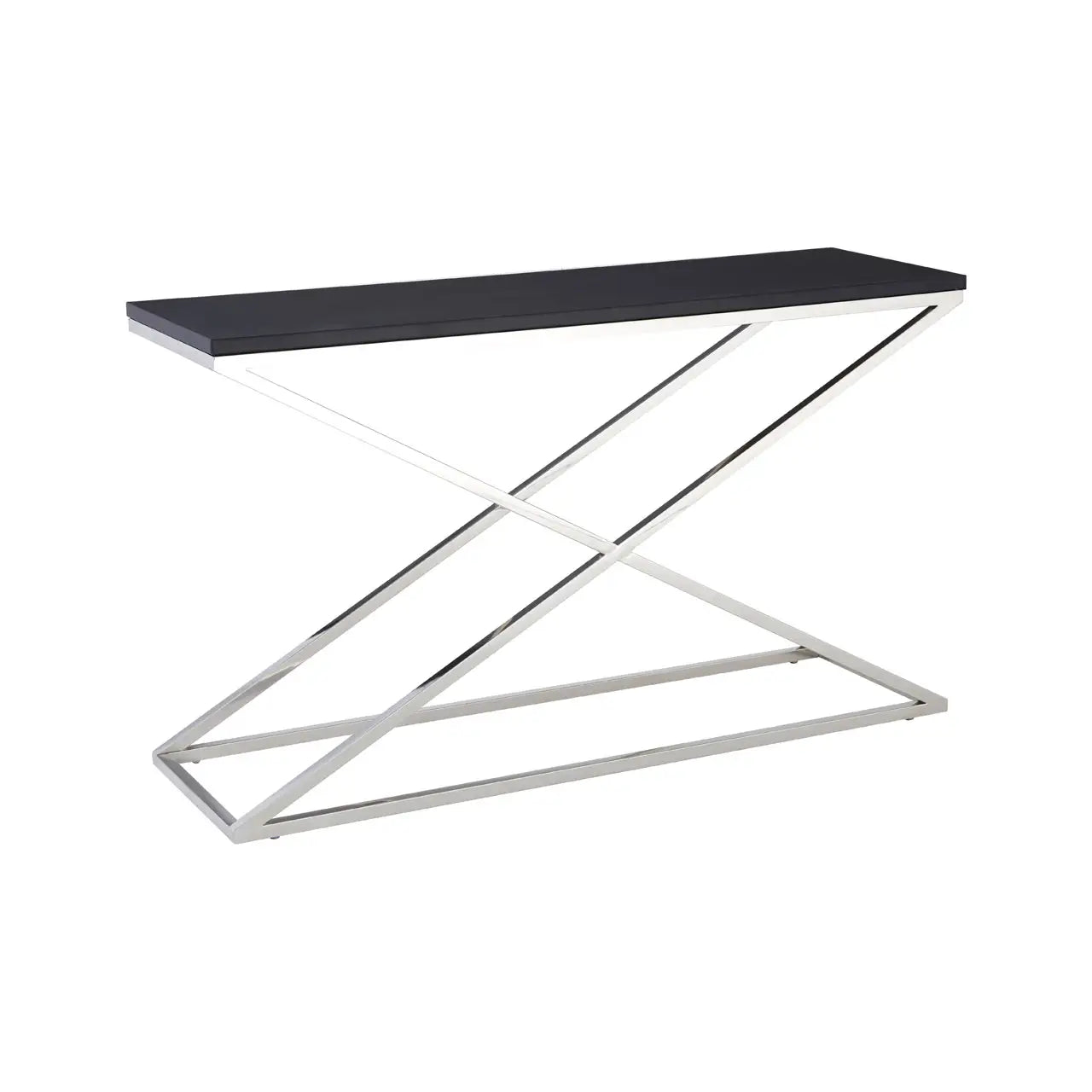 The Tribute black console table - crisscrossed stainless steel legs and black leather look plastic top