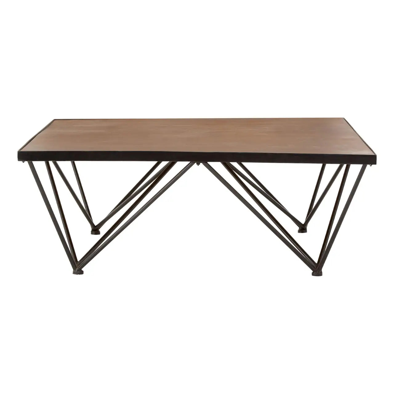 The NEW FOUNDRY coffee table with natural fir wood tabletop and lattice pattern design black iron legs