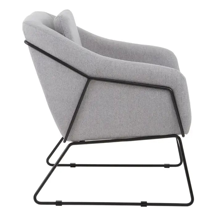 Stockholm Grey chair -Side view Tactile grey velvet chair with black metal frame legs