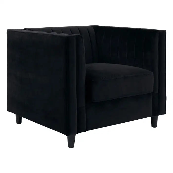 The Farah chair- black velvet armchair with boxy square shape, pleated armrests and wooden feet