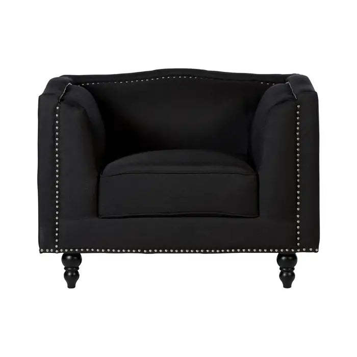 Feya Black Fabric Chair - Square design upholstered seat with silver studs and carved rounded feet