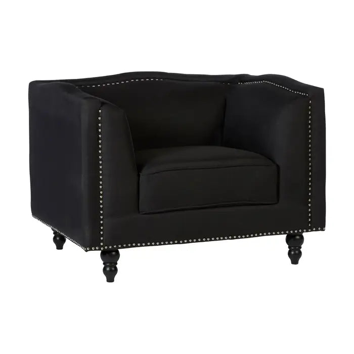 Feya Black Fabric Chair - Square design upholstered seat with silver studs and carved rounded feet