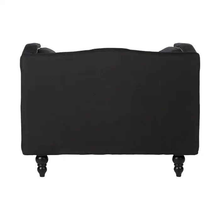 Feya Black Fabric Chair - Back view Square design upholstered seat with silver studs and carved rounded feet