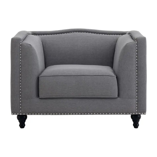 Feya Grey Fabric Chair - Square design upholstered seat with silver studs and black carved rounded feet