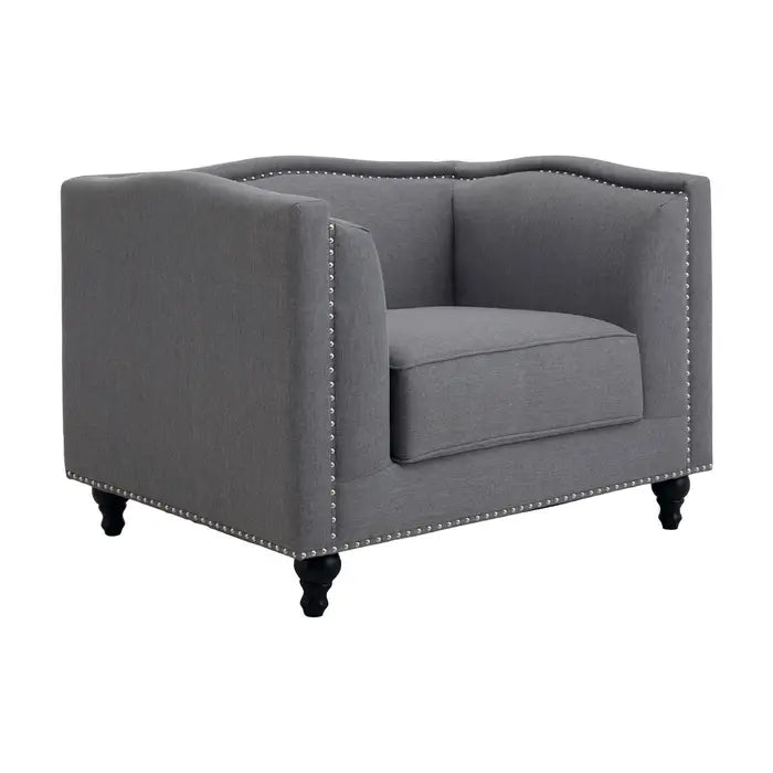 Feya Grey Fabric Chair - Square design upholstered seat with silver studs and black carved rounded feet