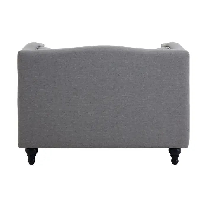 Feya Grey Fabric Chair - Back view Square design upholstered seat with silver studs and black carved rounded feet