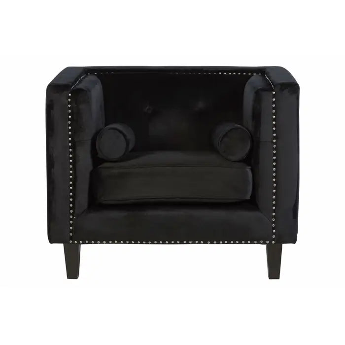 Felisa Black Velvet chair - Black Velvet Chair with square angular design, button tufted back rest, silver stud work and two cylindrical cushions