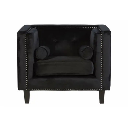 Felisa Black Velvet chair - Black Velvet Chair with square angular design, button tufted back rest, silver stud work and two cylindrical cushions