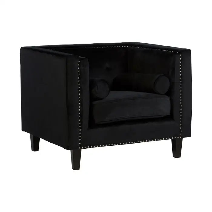 Felisa Black Velvet chair - Black Velvet Chair with square angular design, button tufted back rest, silver stud work and two cylindrical cushions