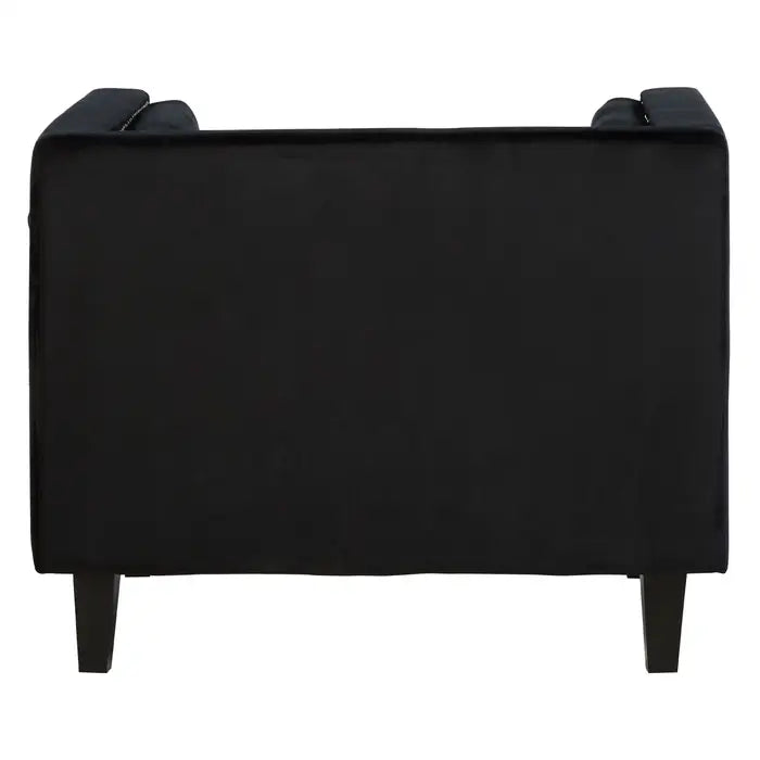 Felisa Black Velvet chair - Back view of Black Velvet Chair with square angular design, button tufted back rest, silver stud work and two cylindrical cushions