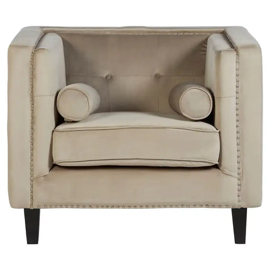 Felisa Mink Velvet chair - Mink Velvet Chair with square angular design, button tufted back rest, silver stud work and two cylindrical cushions