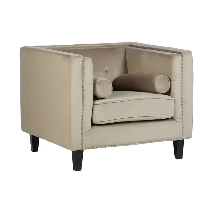 Felisa Mink Velvet chair - Mink Velvet Chair with square angular design, button tufted back rest, silver stud work and two cylindrical cushions