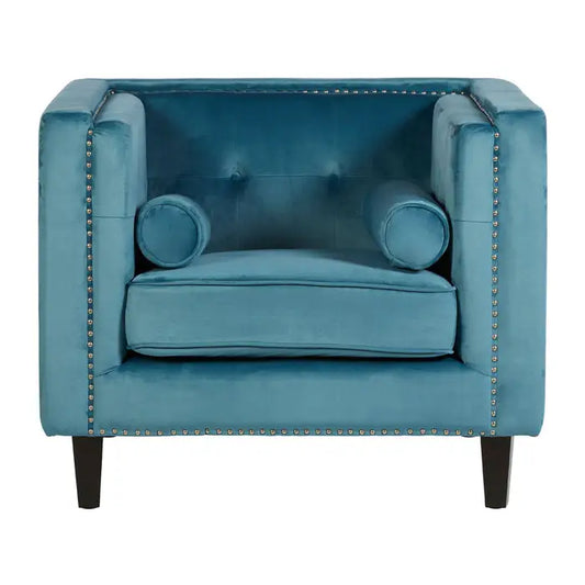 Felisa Blue Velvet chair - Blue Velvet Chair with square angular design, button tufted back rest, silver stud work and two cylindrical cushions