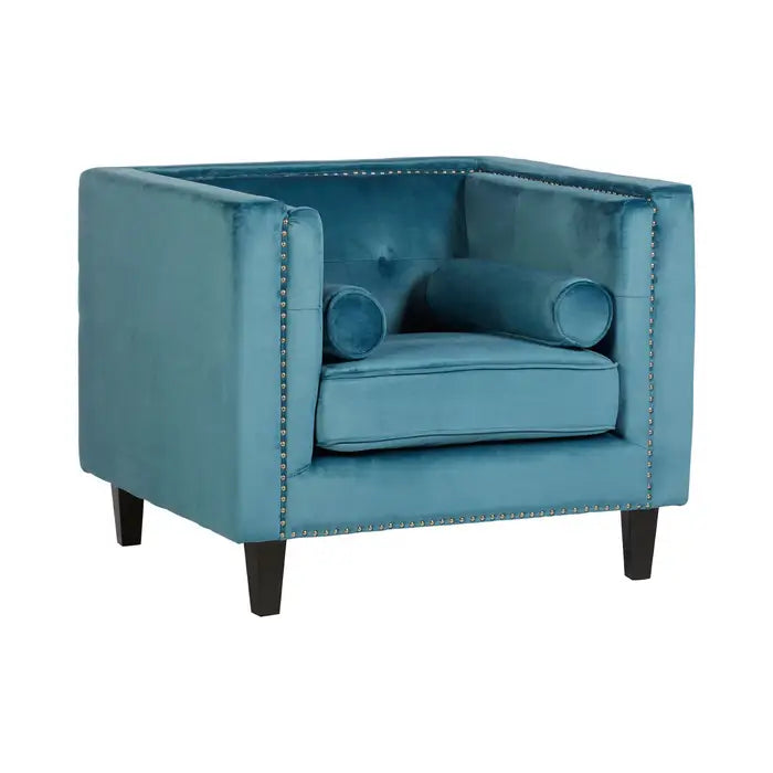 Felisa Blue Velvet chair - Blue Velvet Chair with square angular design, button tufted back rest, silver stud work and two cylindrical cushions