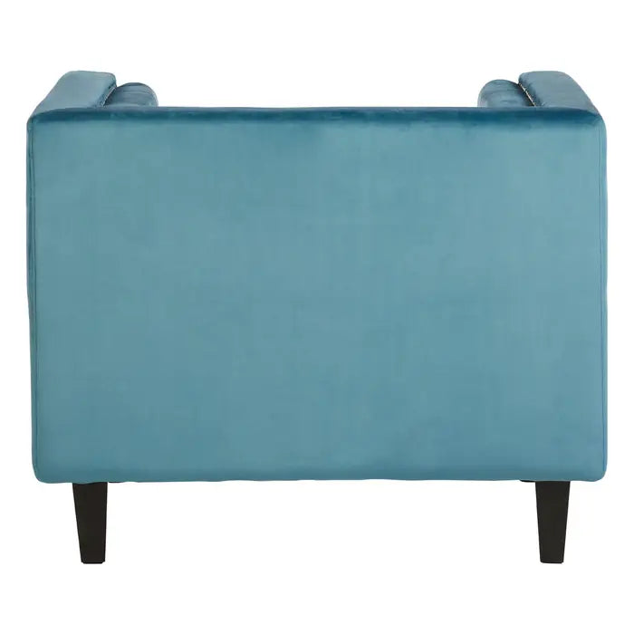 Felisa Blue Velvet chair - Back view of Blue Velvet Chair with square angular design, button tufted back rest, silver stud work and two cylindrical cushions