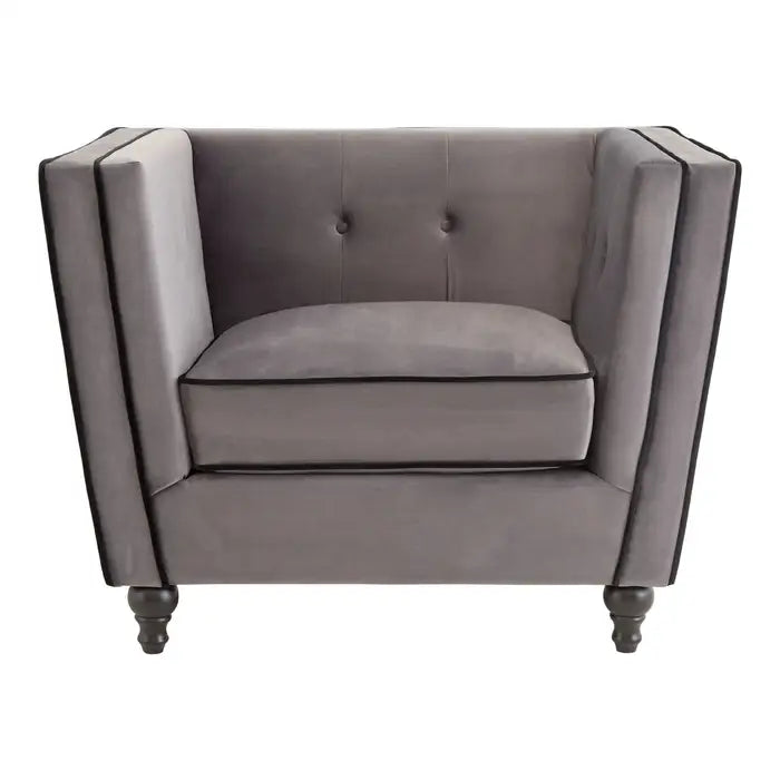 Ferris Grey Chair- Tapered design chair upholstered in grey velvet fabric with black piped trim, with shallow button tufting and Matt black finished wooden carved feet