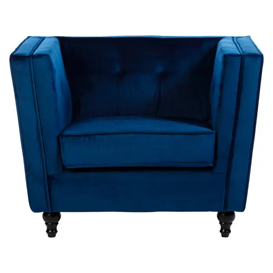 Ferris Navy Blue Chair- Tapered design chair upholstered in blue velvet fabric with piped trim, with shallow button tufting and Matt black finished wooden carved feet