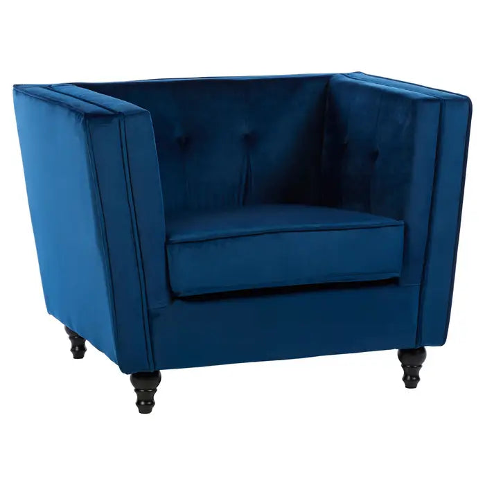 Ferris Navy Blue Chair- Tapered design chair upholstered in blue velvet fabric with piped trim, with shallow button tufting and Matt black finished wooden carved feet